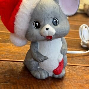 Vintage Ceramic Christmas Mouse, Santa hat, stocking light